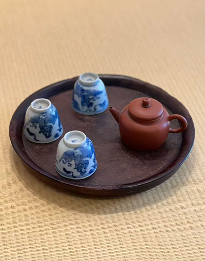 清中期　朱泥水平壷＋染付人物紋若深盃 茶席セット 古紅木茶盤付き