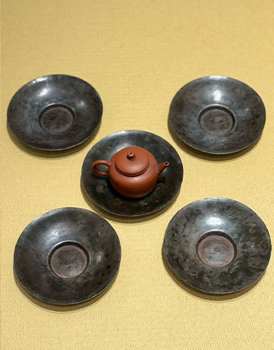 純錫素面茶托 五客 錫托：同時期～民国時代物
